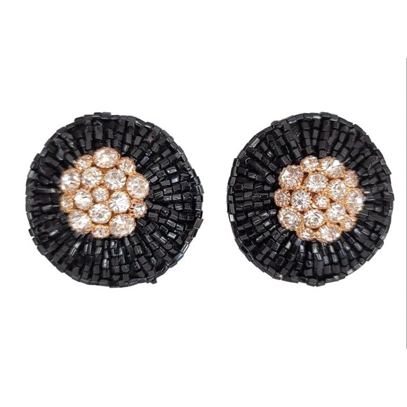 Black Glass Seed Bead Clear Prong Set Rhinestone Clip On Earrings K649 - Picture 1 of 7